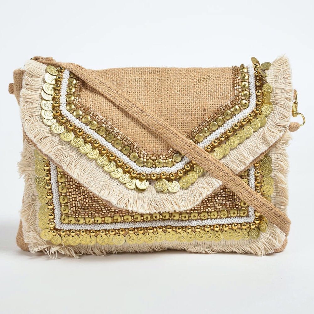 Boho Embellished braided jute sling bag